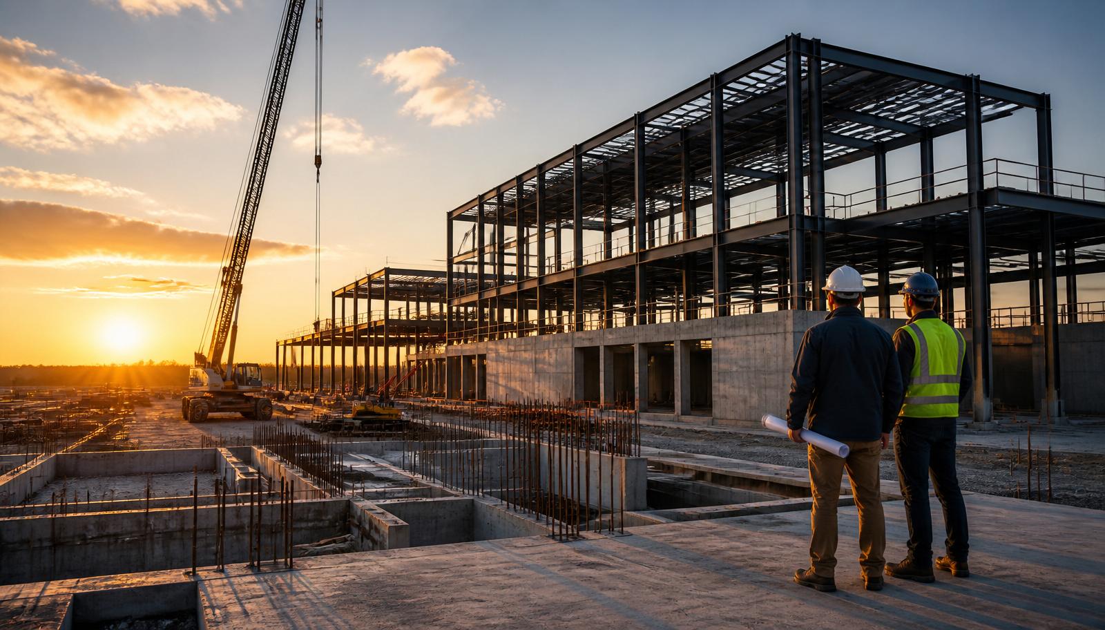 Construction site at sunset with steel framing and project team
